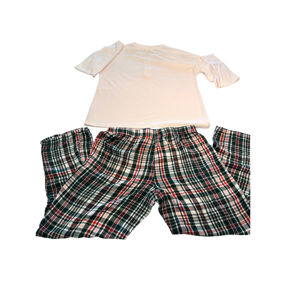 Croft & Barrow Womens Pajama Set Medium Henley Waffle Top Plaid Pants Green Red - Picture 2 of 10